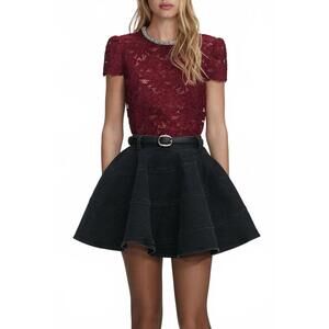 NEW SELF-PORTRAIT lace crystal trim short sleeve top in red